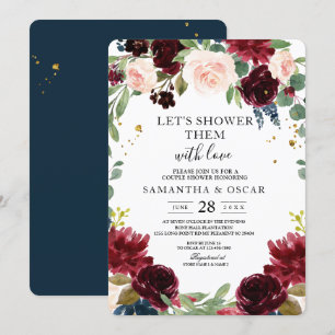 Rustic Burgundy Navy Blue & Red Flowers Frame Invitation