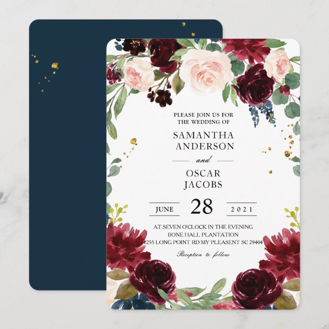 Rustic Burgundy Navy Blue & Red Flowers Frame Invitation (Front/Back)