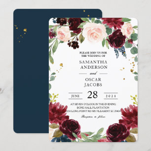 Rustic Burgundy Navy Blue & Red Flowers Frame Invitation