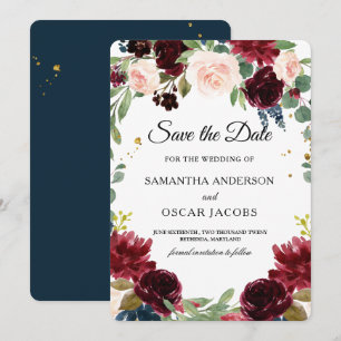 Rustic Burgundy Navy Blue & Red Flowers Frame Save The Date