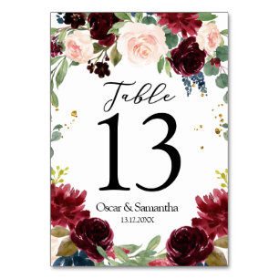 Rustic Burgundy Navy Blue & Red Flowers Frame Table Number