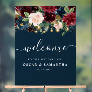 Rustic Burgundy Navy Blue & Red Flowers & Lights Acrylic Sign