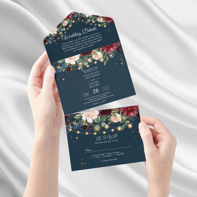Rustic Burgundy Navy Blue & Red  Flowers  & Lights All In One Invitation (Creator Uploaded)
