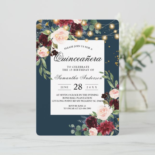 Rustic Burgundy Navy Blue & Red Flowers  & Lights Invitation (Standing Front)