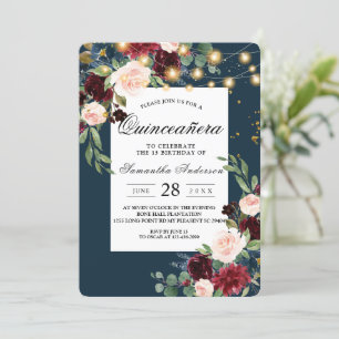 Rustic Burgundy Navy Blue & Red Flowers & Lights Invitation