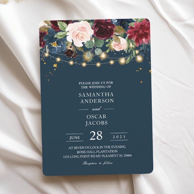 Rustic Burgundy Navy Blue & Red  Flowers  & Lights Invitation (Creator Uploaded)