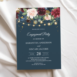 Rustic Burgundy Navy Blue & Red  Flowers  & Lights Invitation