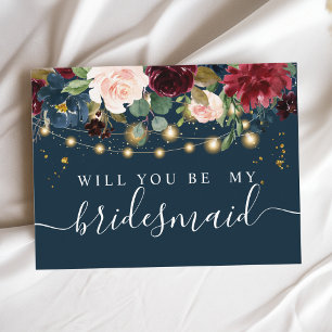 Rustic Burgundy Navy Blue & Red  Flowers  & Lights Invitation Postcard