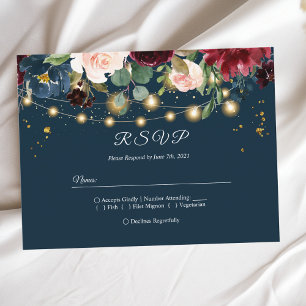 Rustic Burgundy Navy Blue & Red  Flowers  & Lights Invitation Postcard