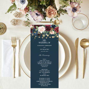 Rustic Burgundy Navy Blue & Red Flowers & Lights Menu