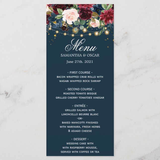 Rustic Burgundy Navy Blue & Red  Flowers  & Lights Menu (Front)