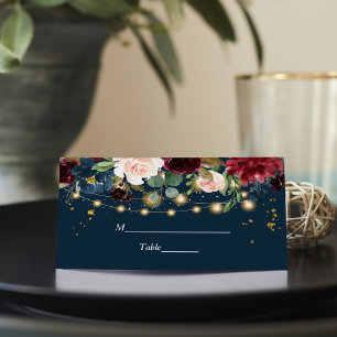 Rustic Burgundy Navy Blue & Red  Flowers  & Lights Place Card