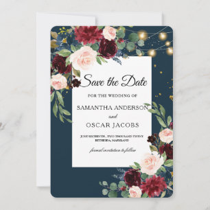 Rustic Burgundy Navy Blue & Red Flowers & Lights Save The Date