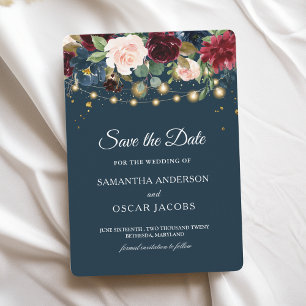 Rustic Burgundy Navy Blue & Red  Flowers  & Lights Save The Date