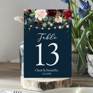 Rustic Burgundy Navy Blue & Red  Flowers  & Lights Table Number