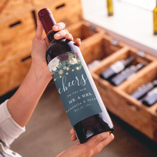 Rustic Burgundy Navy Blue & Red Flowers & Lights Wine Label