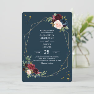 Rustic Burgundy Navy Blue & Red Gold Flowers Frame Invitation