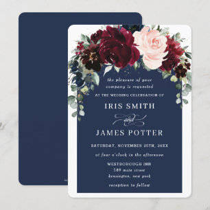 Rustic Burgundy Navy Blush Floral Arch Wedding Invitation