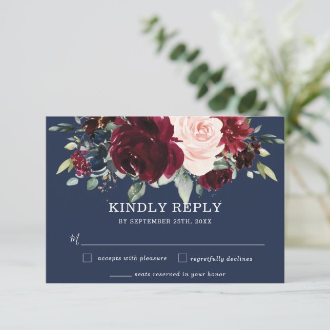 Rustic Burgundy Navy Blush Floral Greenery Wedding RSVP Card (Standing Front)