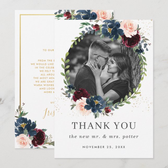 Rustic Burgundy Navy Blush Floral Wedding Photo Thank You Card (Front/Back)