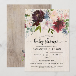 Rustic Burgundy Navy Floral Baby Shower Invitation