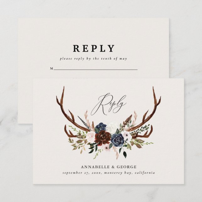 Rustic burgundy navy floral botanical wedding enclosure card (Front/Back)