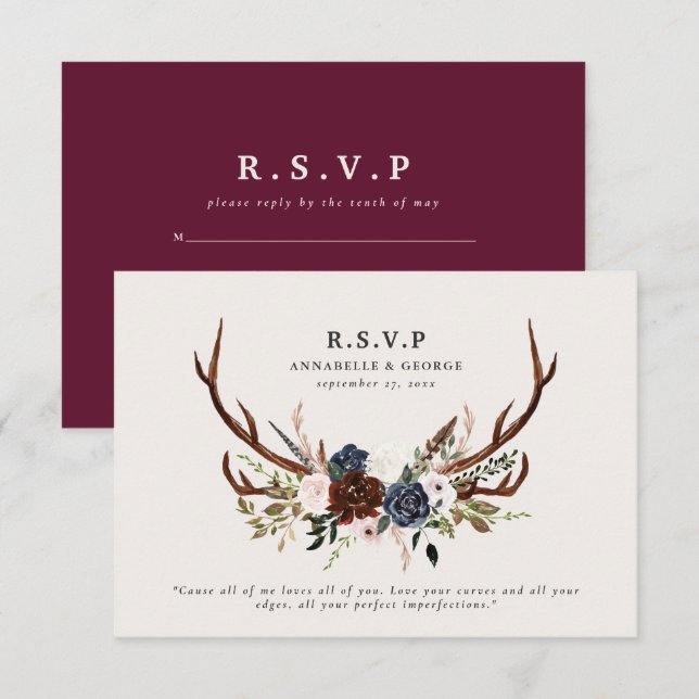 Rustic burgundy navy floral botanical wedding enclosure card (Front/Back)