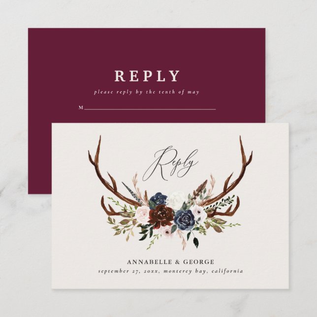 Rustic burgundy navy floral botanical wedding enclosure card (Front/Back)