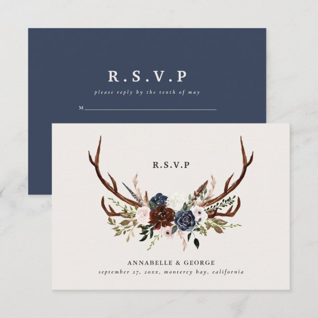 Rustic burgundy navy floral botanical wedding enclosure card (Front/Back)
