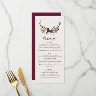 Rustic burgundy navy floral botanical wedding menu