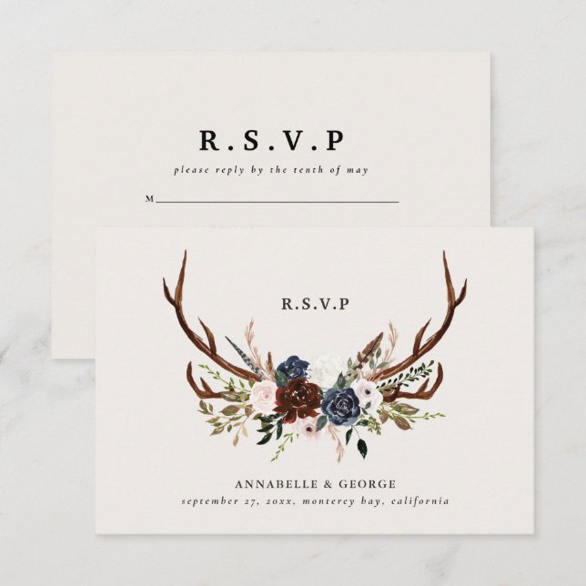 Rustic burgundy navy floral botanical wedding RSVP Enclosure Card (Front/Back)