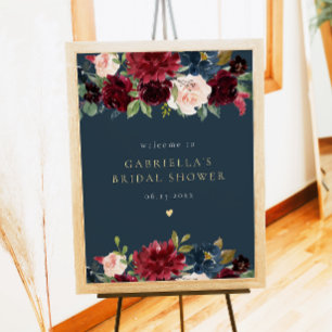 Rustic Burgundy Navy Floral Bridal Shower Welcome Poster