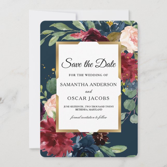 Rustic Burgundy & Navy Floral Gold Frame Save The Date (Front)