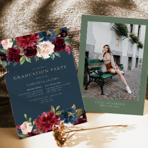 Rustic Burgundy & Navy Floral Greenery Graduation Invitation