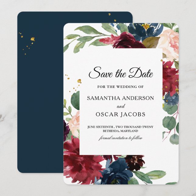 Rustic Burgundy & Navy Floral  Save The Date (Front/Back)