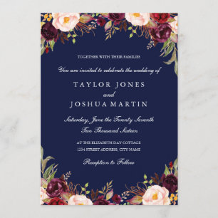 Rustic Burgundy Navy Floral Wedding Invitation