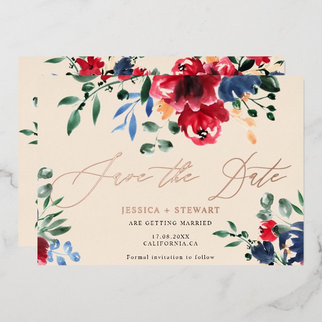 Rustic burgundy navy floral wedding save the date (Front/Back)