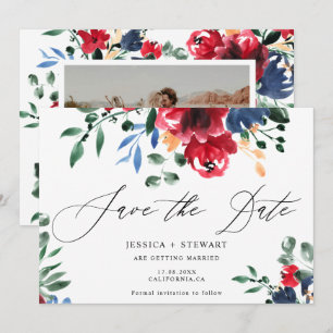 Rustic burgundy navy floral wedding save the date