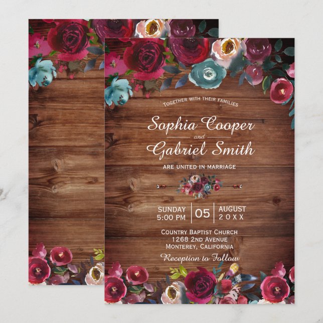 Rustic Burgundy Navy Floral Wood Wedding Invitation (Front/Back)
