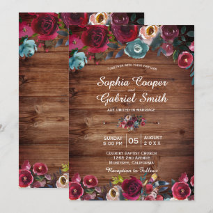Rustic Burgundy Navy Floral Wood Wedding Invitation