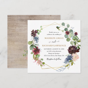 Rustic Burgundy Navy Florals Wedding Invitation