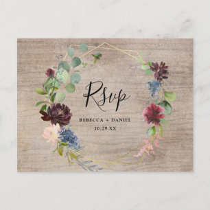 Rustic Burgundy Navy Florals with Greenery Rsvp Postcard