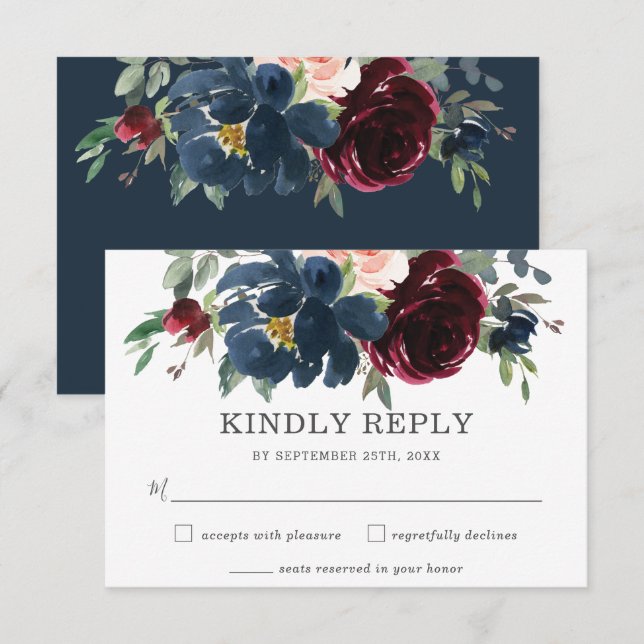 Rustic Burgundy Navy Pink Floral Wedding RSVP Card (Front/Back)