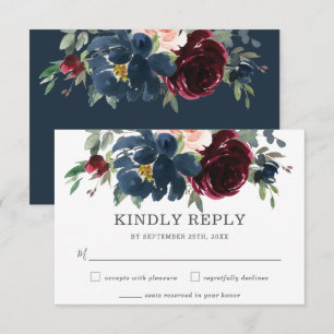 Rustic Burgundy Navy Pink Floral Wedding RSVP Card