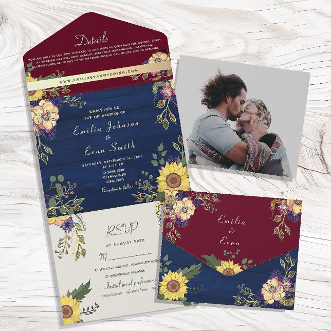 Rustic Burgundy Navy Sunflower Wedding All In One Invitation (Creator Uploaded)