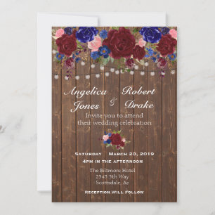 Rustic Burgundy Navy Watercolor Wood Rose Wedding Invitation