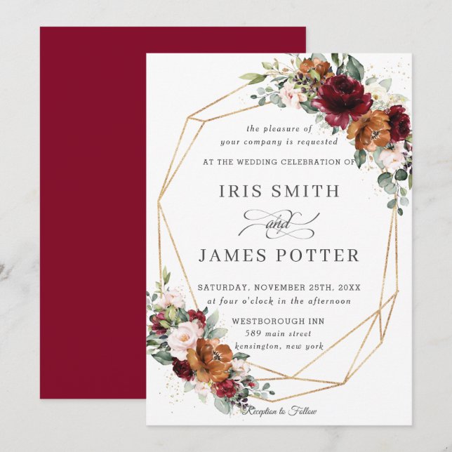 Rustic Burgundy Orange Floral Wedding Geometric Invitation (Front/Back)