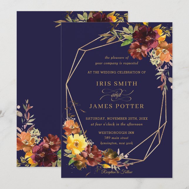 Rustic Burgundy Orange Floral Wedding Geometric Invitation (Front/Back)