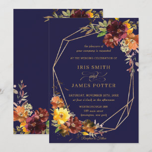 Rustic Burgundy Orange Floral Wedding Geometric Invitation