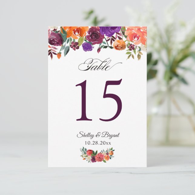 Rustic Burgundy Orange Floral Wedding Table Number (Standing Front)